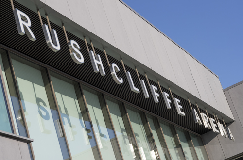 A close up photograph of the Rushcliffe Arena sign on the building
